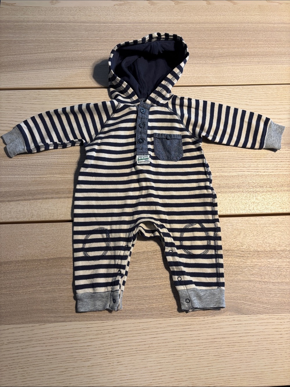Striped Navy and Cream Hooded Baby One-Piece
